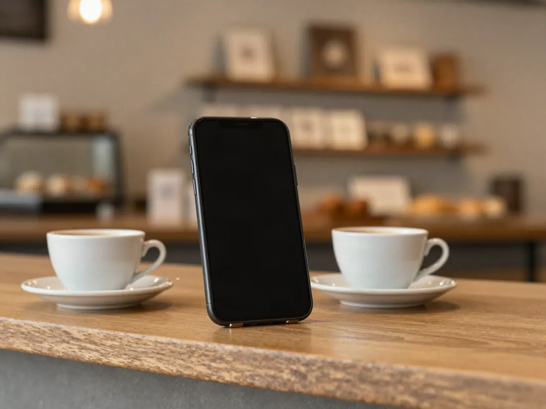 Celular apoyado en el mostrador de una cafetería, junto a dos tazas