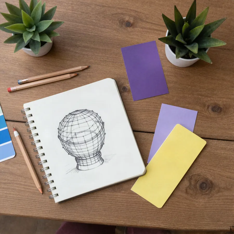 Escritorio con un cuaderno de bocetos, lápices y muestras de color